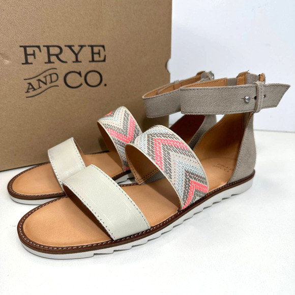 Frye & Co Port 2 Band Leather Sandal Peach Multicolor Women 9.5M NWB - Picture 1 of 8